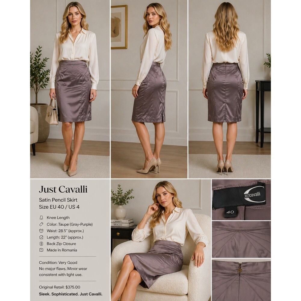 Just Cavalli Satin Pencil Skirt Taupe EU 40 US 4 Knee Length Sleek Chic